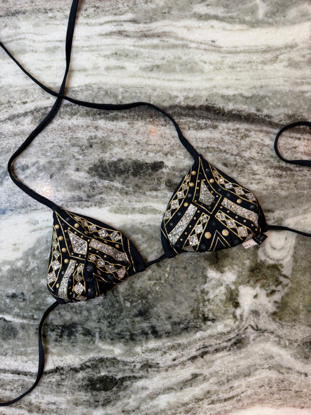 Guess Black Embellished Triangle Bikini Top with Gold & Silver Accents